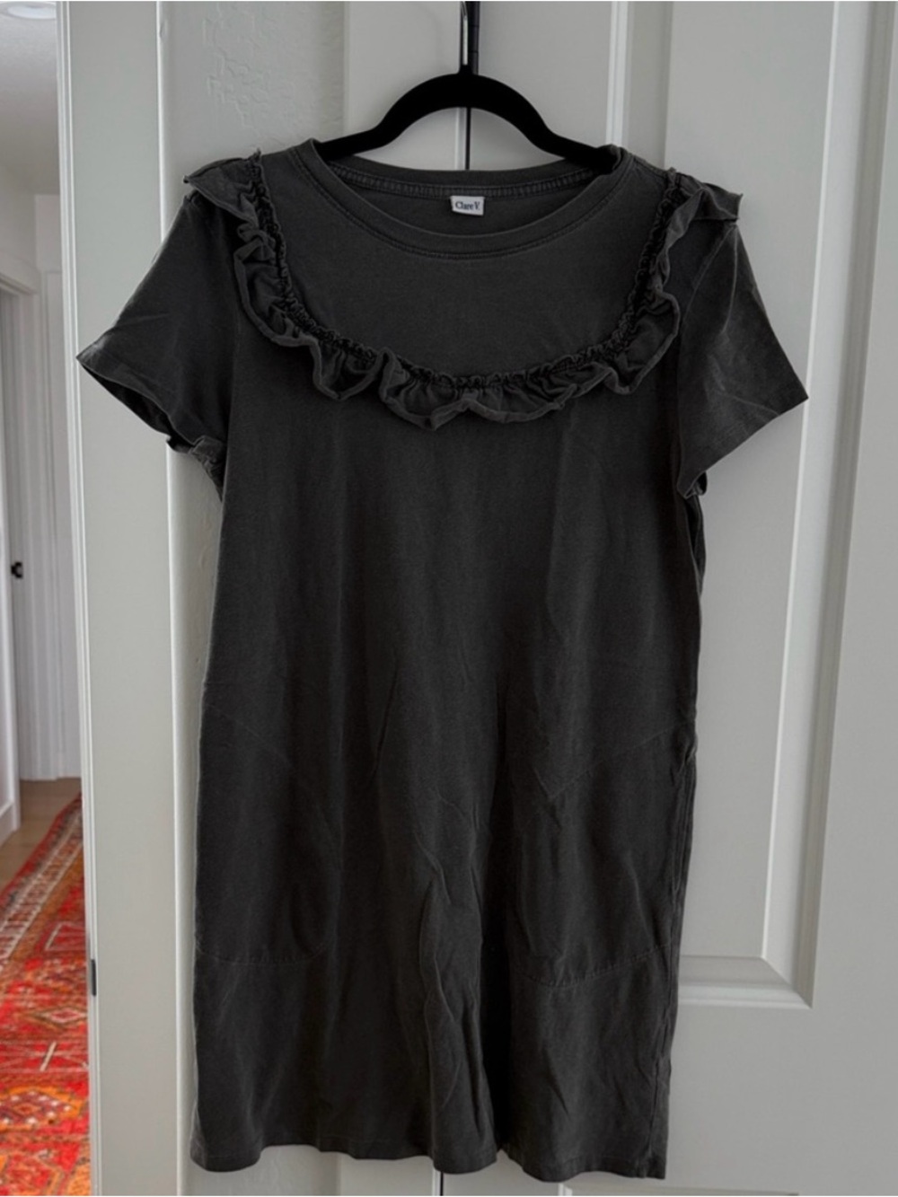 Clare V Ruffle-Yoke Short Sleeve Mini Dress - Charcoal